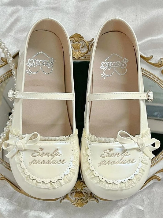 Lolita im süßen Stil Jane Schuhe Mary Flat Beige Rüschen mit Besatz