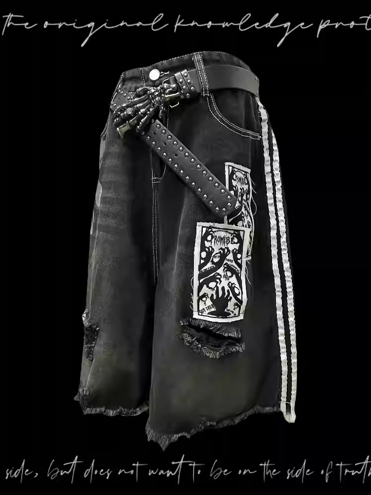 Embellished Distressed Holes Stripes Raw Hem Appliques Black White Denim Shorts