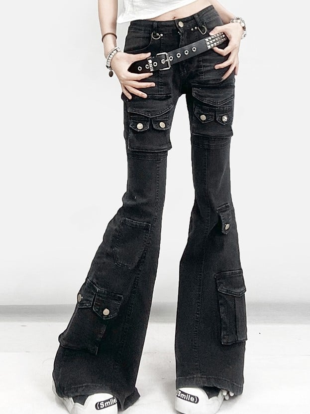 Silhouette Jeans With Multiple Pocket Accents Waist Flare Kawaii Black Glamorous Bittersweet Low