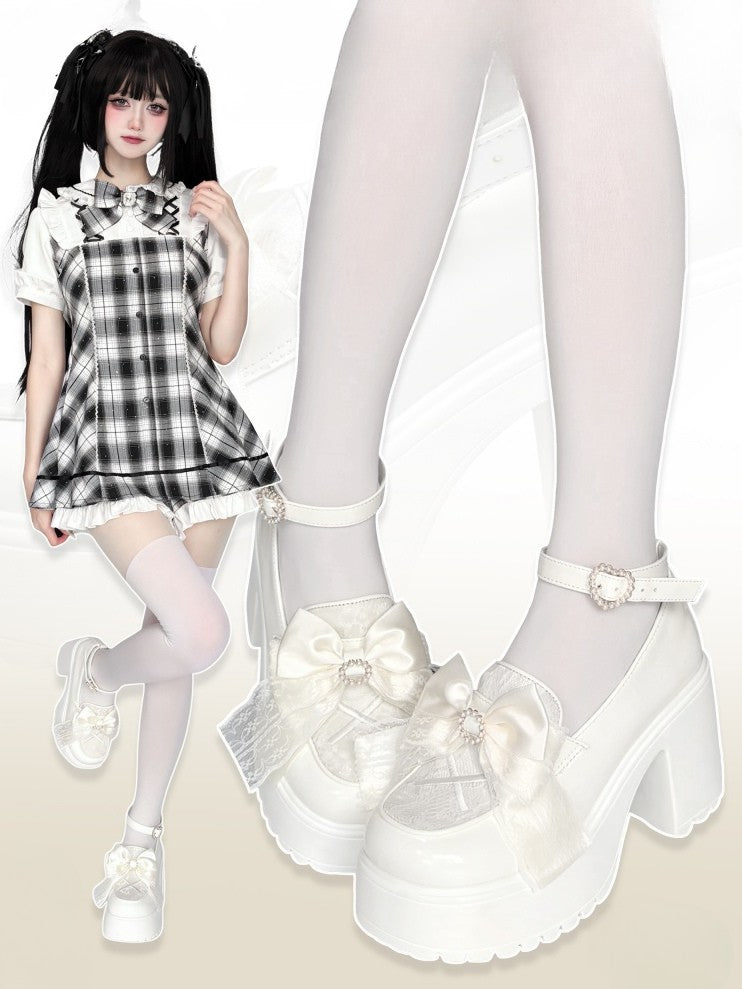 Heart Platform Beaded Jirai with - Vamp Bow Kei White Heels High Buckle Block Matching
