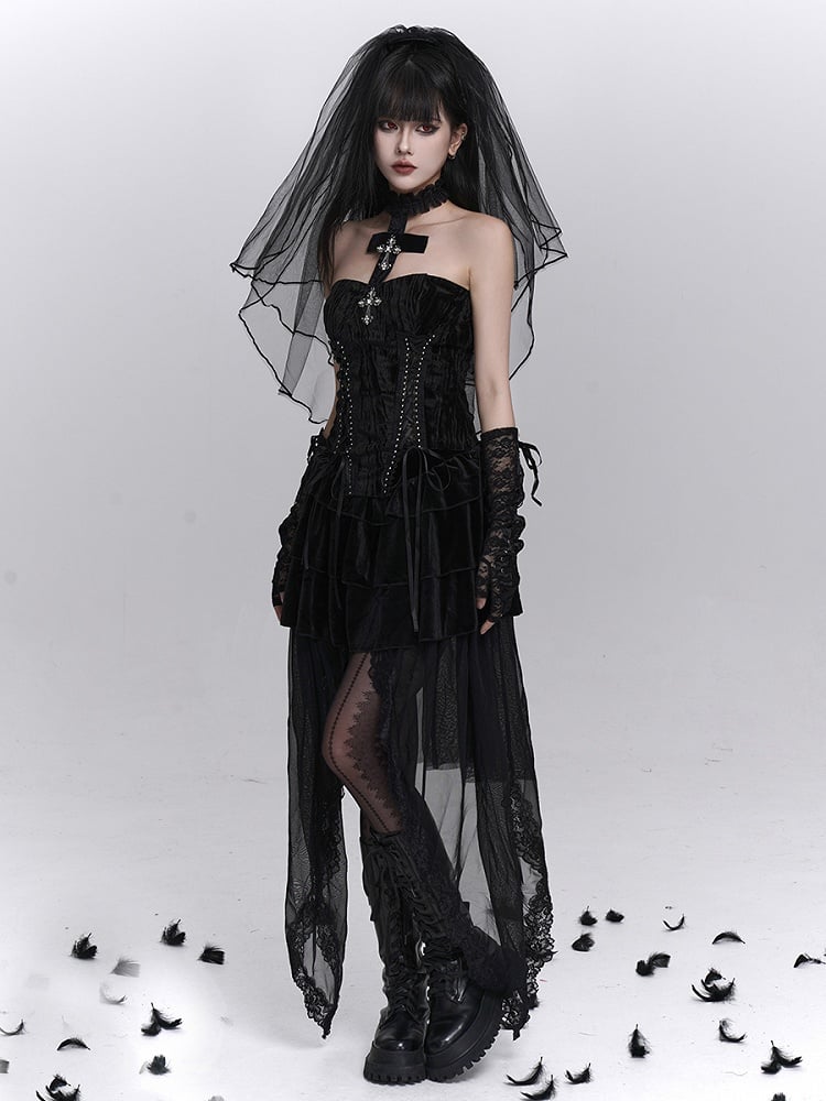 Halter Gothic with Bustier Lacing Neck Halloween Black Crisscross