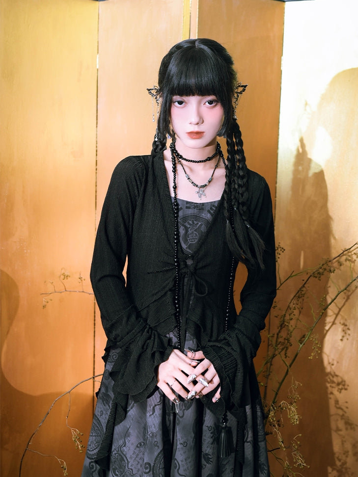 Sleeves Hem Style Asymmetrical Black Layered Cardigan Knitted Cheongsam Bell