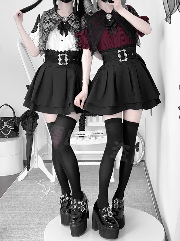 Details Blouse +Tiered Skirt White Pleating Collar Flat Set-Pointed Jirai Kei