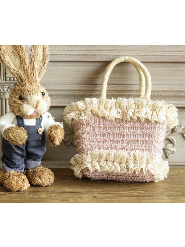 Beige/Pinke Handtasche Ländlich mit Spitzenbesatz und Rüschen