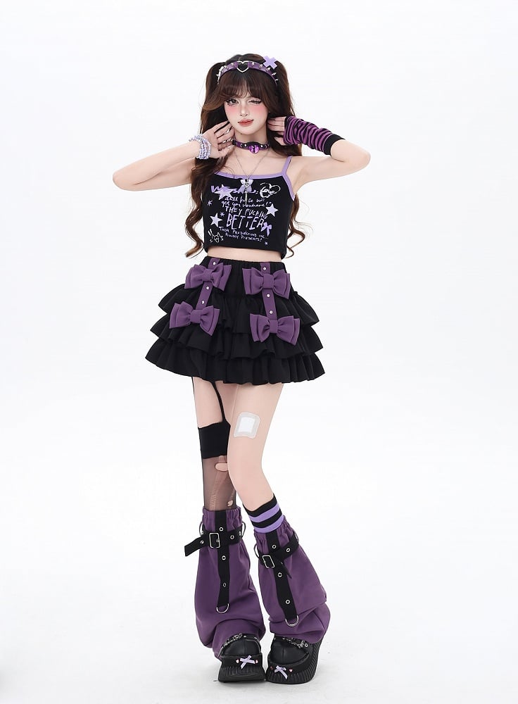 Purple Lined Leg Warmers Tiered Skirt with Criss-cross Bowknots Strap Black