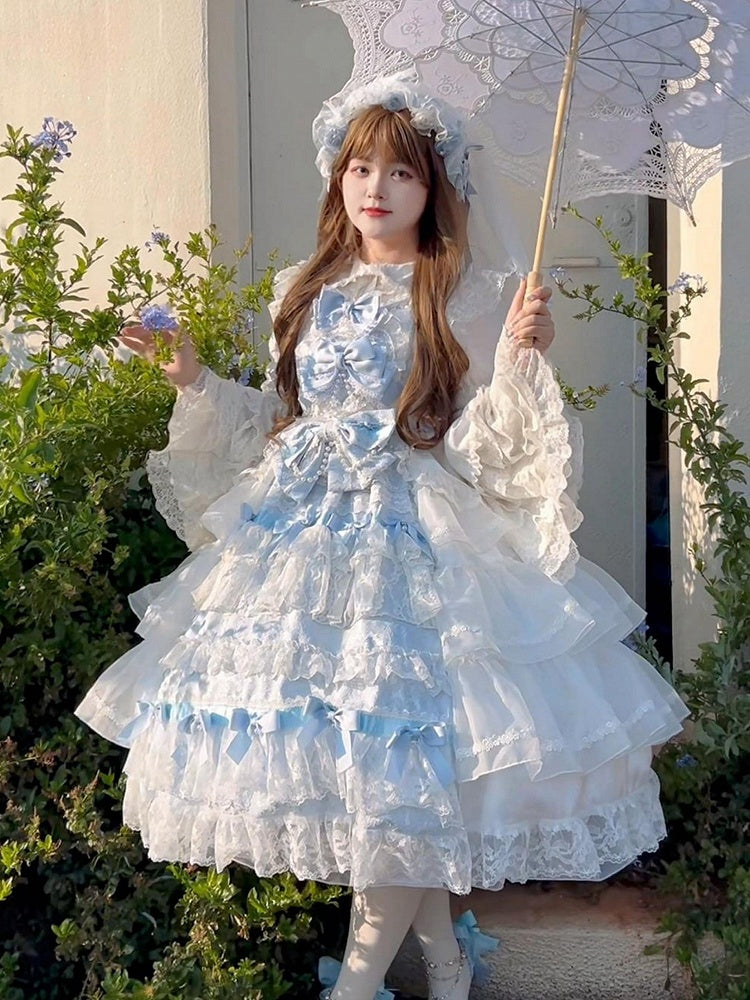 Bows and Skirt Decoration Dress Full Tiered Set Hanayome Blue White Lolita JSK Hime