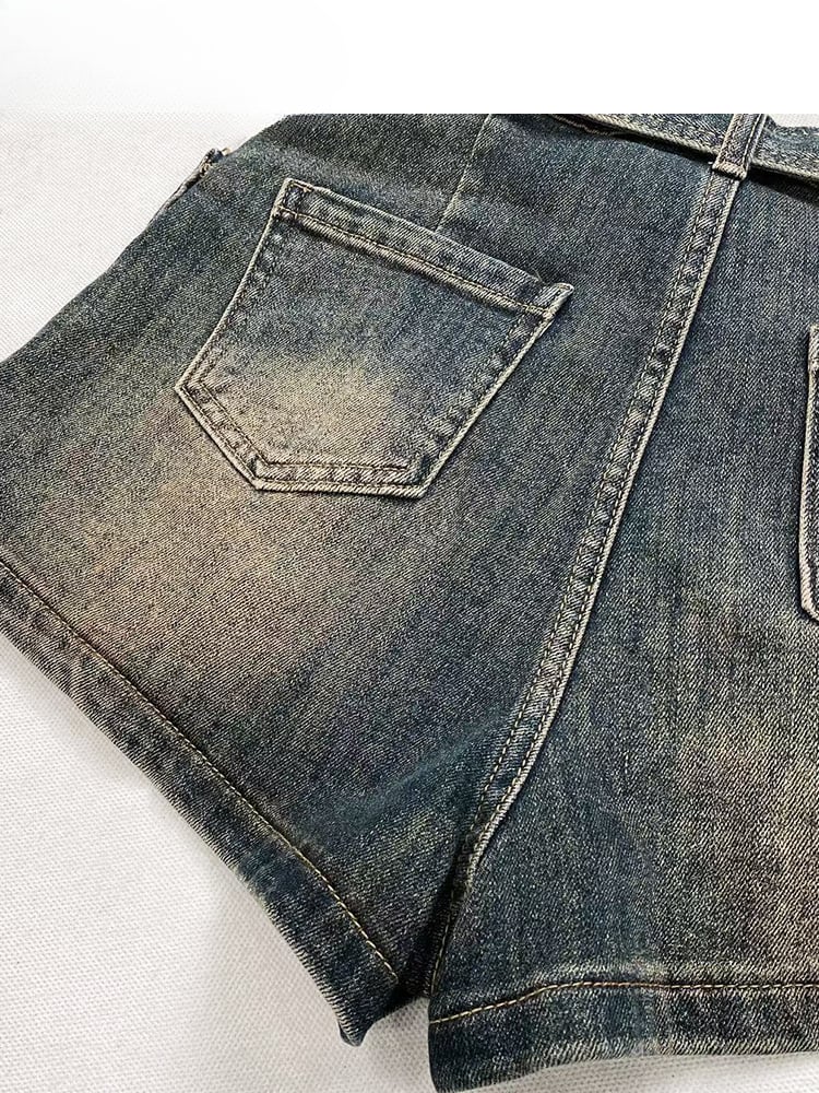Vintage Dark Blue Distressed Denim Glamorous Skirt with Cargo Pockets