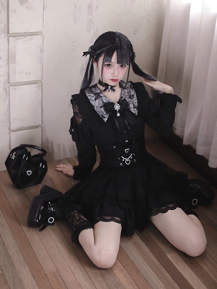 - Shoulders Blouse Kei Jirai Collar Black Lace-Cutout Pointed Gothic Style with