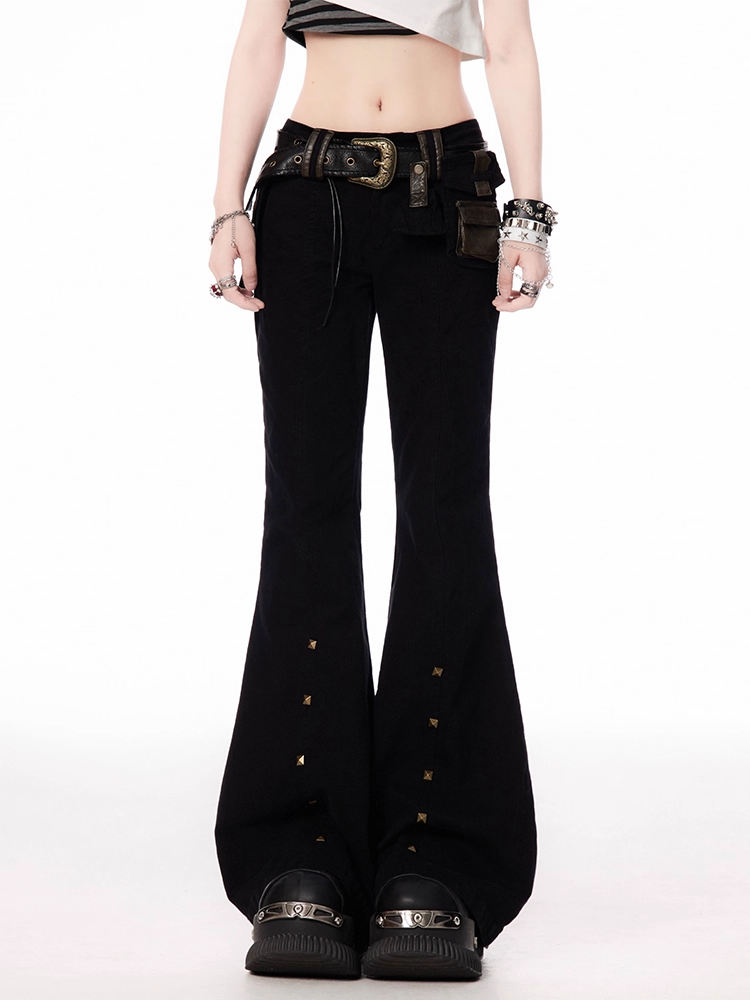 Buckle Waist Studded Cuffs Flared Pants with Black Low Belt