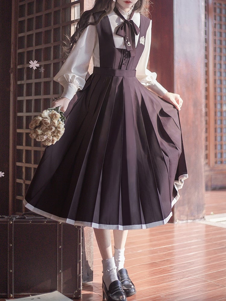 Purple Embroidery Floral Dusty in with High Waist Box Pleat Overall Dress