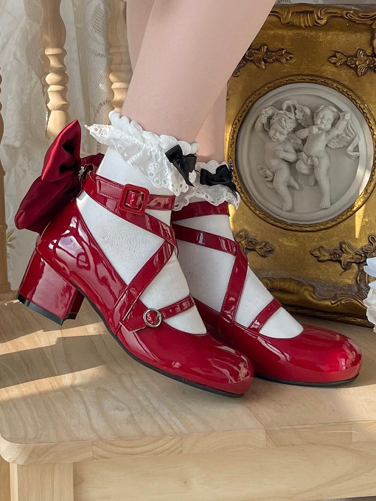Accent Bow Crisscross Heels Mid Red Design Sweet Toe Round - Lolita