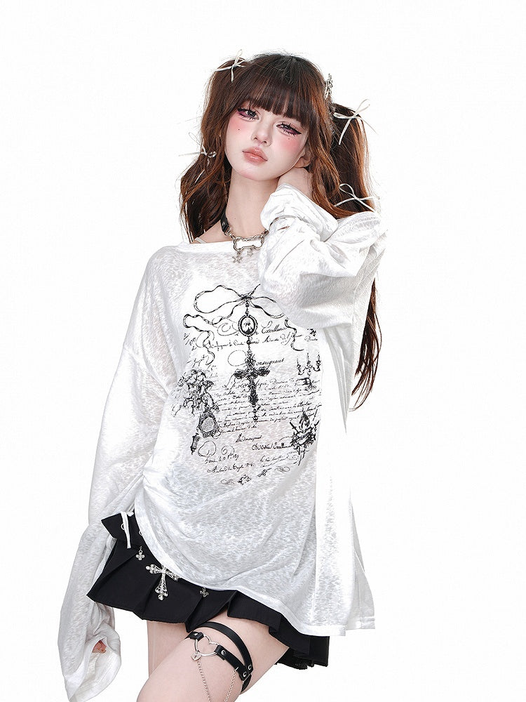 Black/White Semi-sheer Cross Print Drawstring Waist Loose Sweatshirt