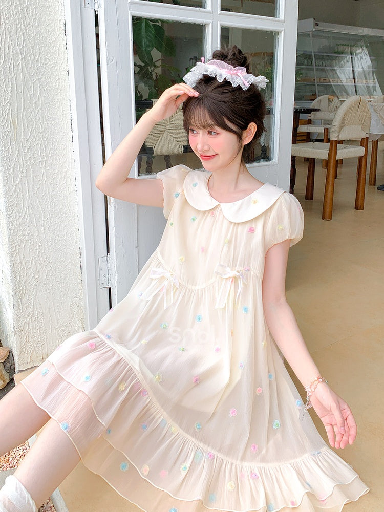 Pattern Colorful Polka-dot White Peter Pan Collar Puff Sleeves Chiffon Dress