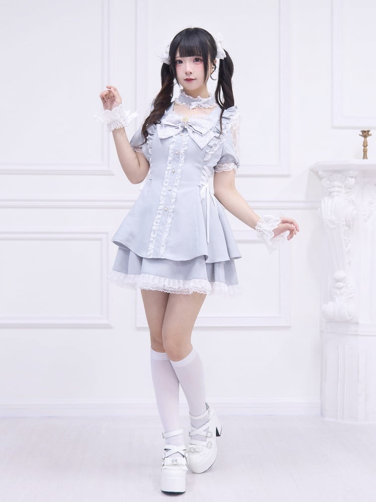 Dress Skirt Lace-up Side with Mini Light Kei Style Jirai Shoulder Matching Cutout and Gray Detail Set: