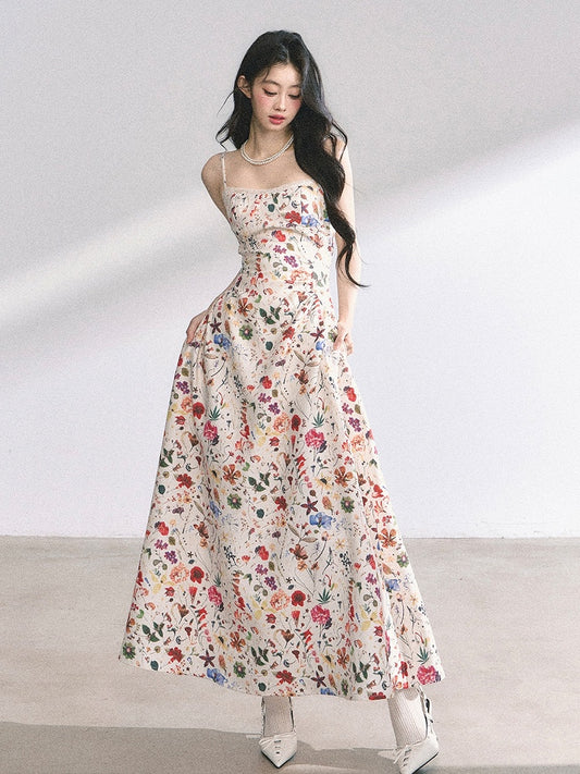 Beige Floral Print Holiday Cami Dress Long/Short Version