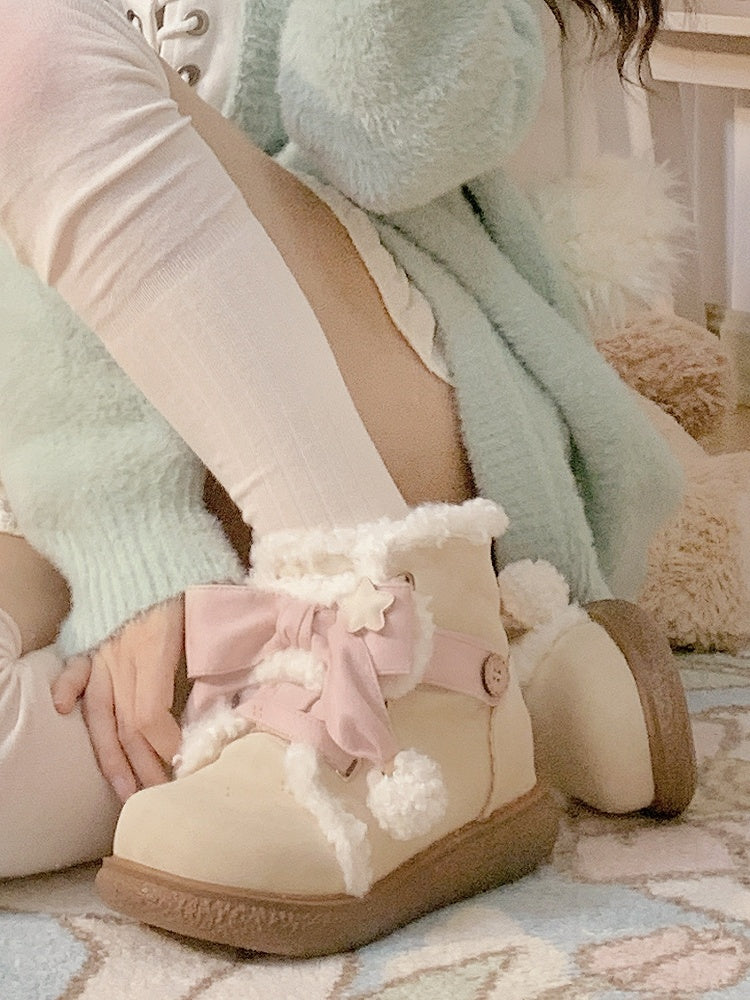 in Classic Decor Lolita Pink Bow Boots Lining Plush Lacing Sweet Beige with