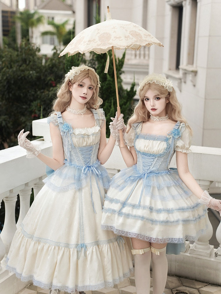 Full Beige OP Blue Lolita Sleeves Neckline and Trims Light Short Set Square Lace Dress