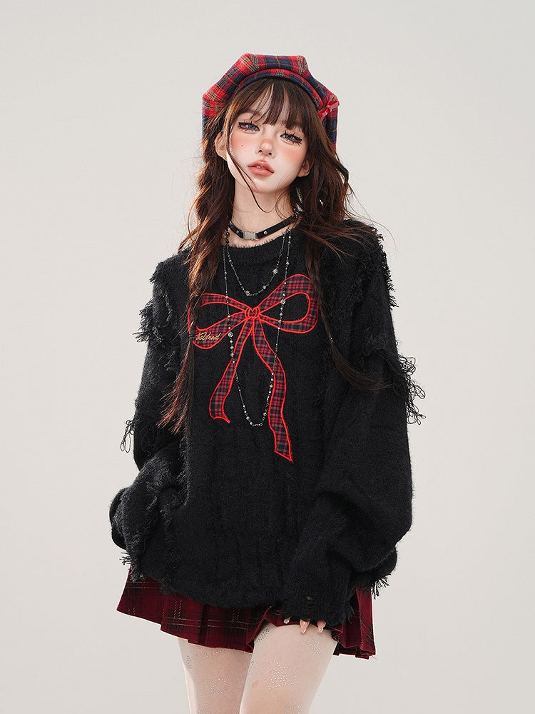 Bittersweet Kawaii Black Distressed Sweater with Red Plaid Bow Embroidery