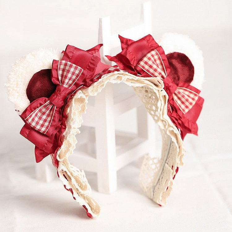 Bear with Lace Lolita White Ear KC Trim Red