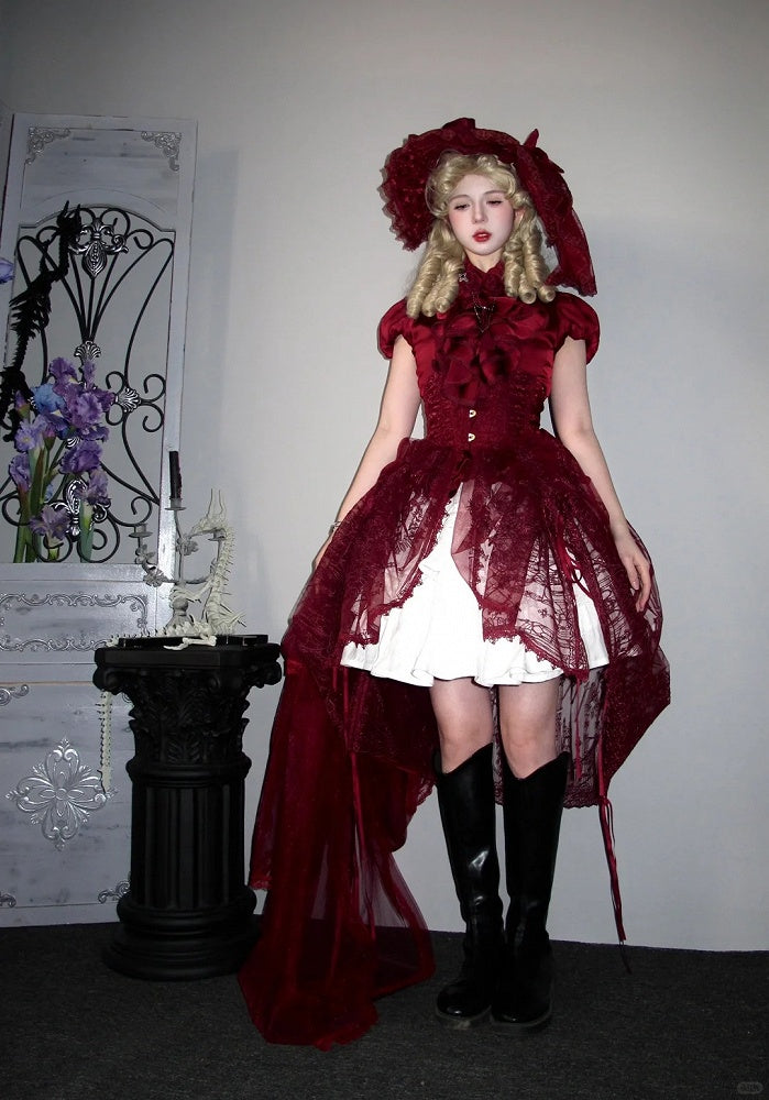 Red Gothic Lolita Corset Belt with Drawstring Design Cathedral Embroidery Overlay