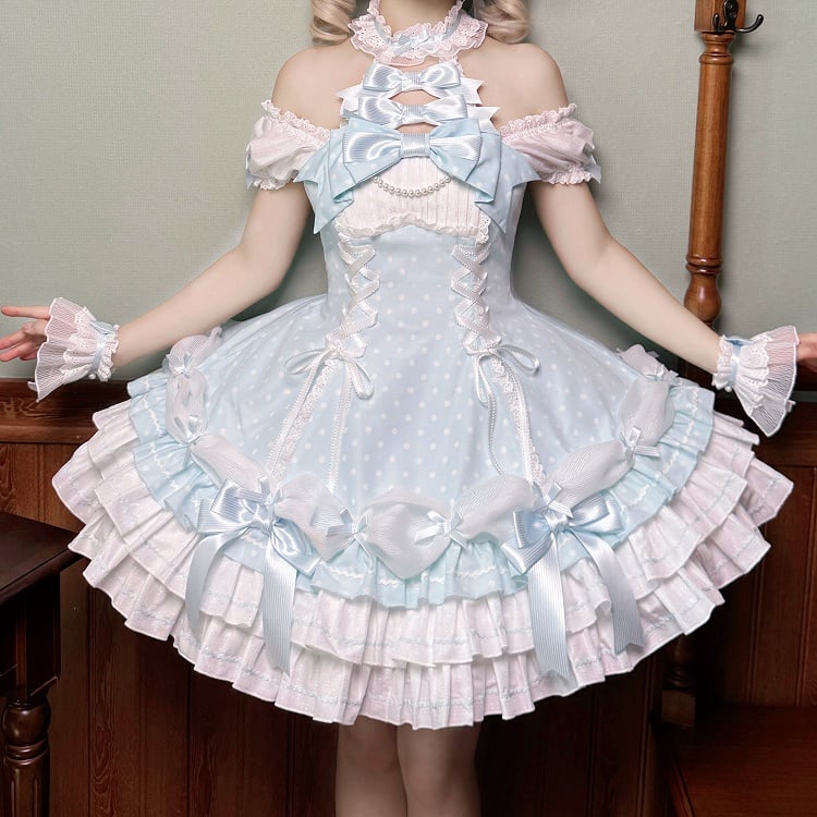 Gepunktetes blaues Lolita-Kleid mit altem Neckholder und Schulärmeln, vielseitiges Polka-Kleid mit Puffärmeln
