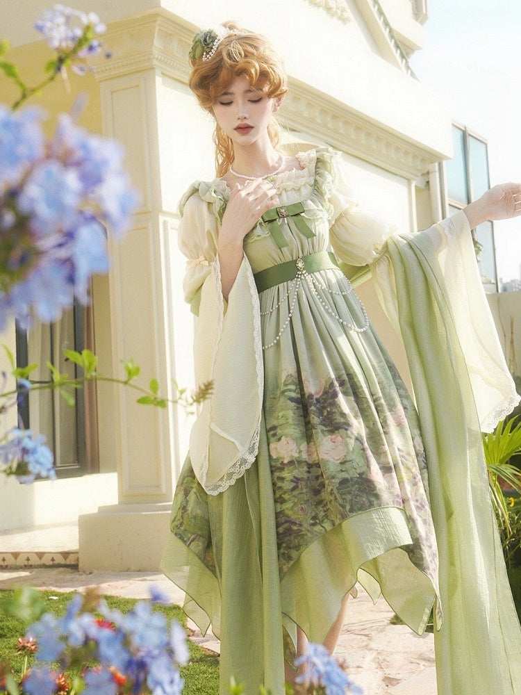 Taillenpullover Ölsaum Taschentuchrock Lolita Print Empire Grüne Malerei