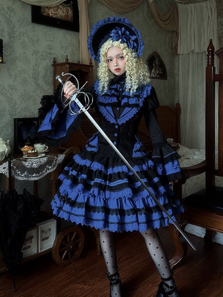 Waistcoat Skirt Gothic and Shirt + Sleeves Lolita High Waist Blue Black Bell - Set Klein
