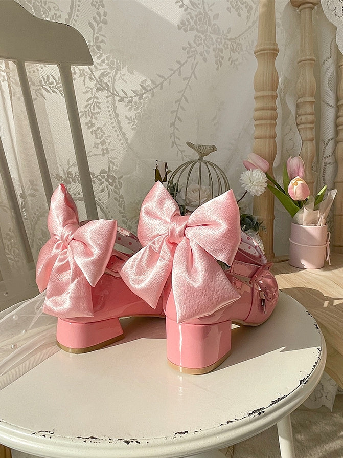 PU - Akzent Süßes Schleifendesign Tiefer Kreuz- und Mittelabsatz Lolita Pink Schuhe