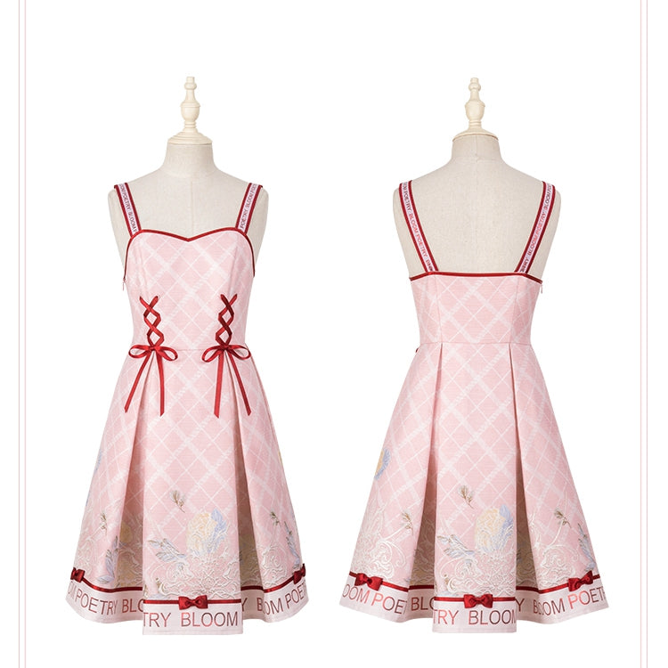 Pink and Red Trimming Lace-up Front Lolita Jumper Skirt