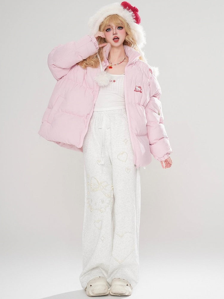 White/Pink Kitties Embroidery High Neck Puffer Jacket