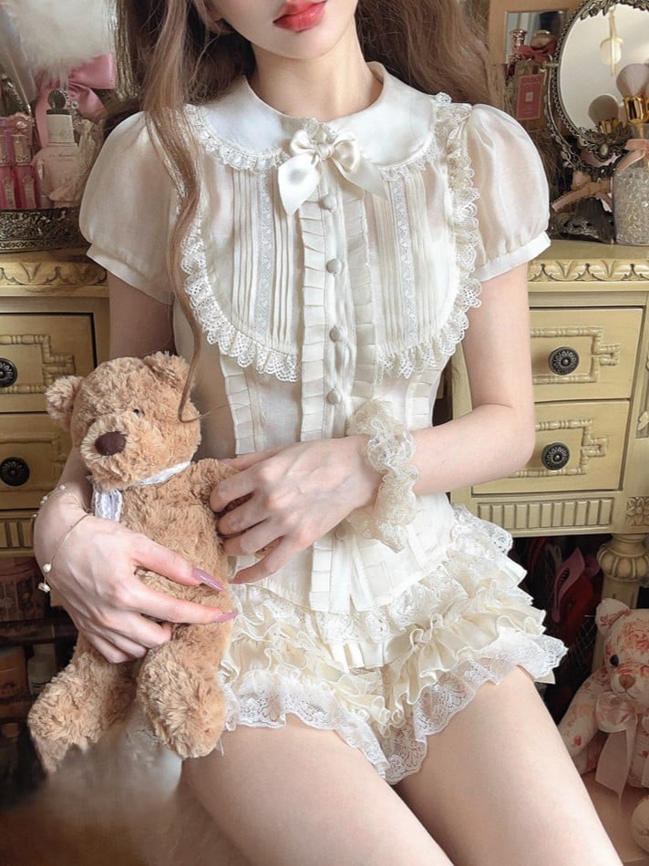 Lace-Trimmed Set Puff Apricot Blouse Cami Sleeve With