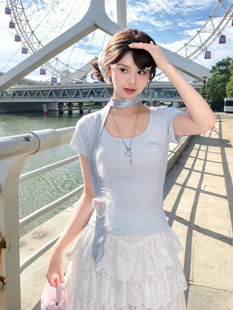 Blue Scoop Neckline T-shirt Dolphin-shaped Cutout Back