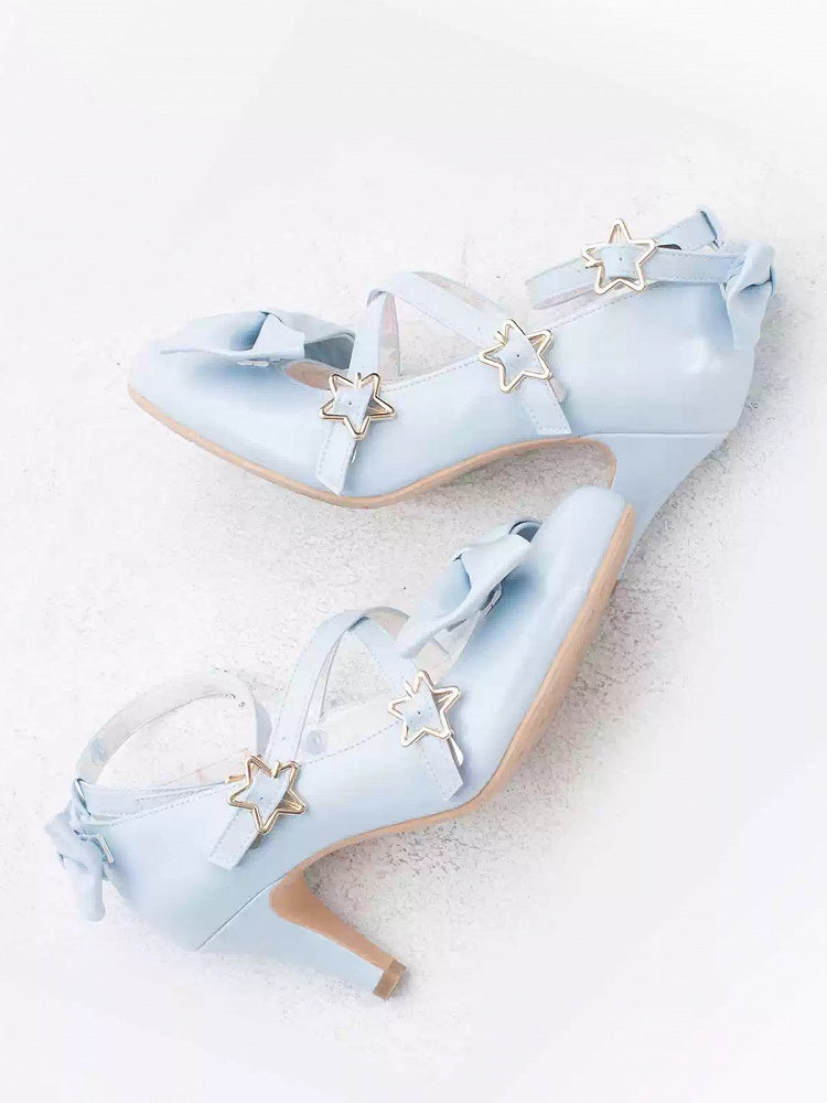 Blue Bow Star Straps Heels High Buckle Top at