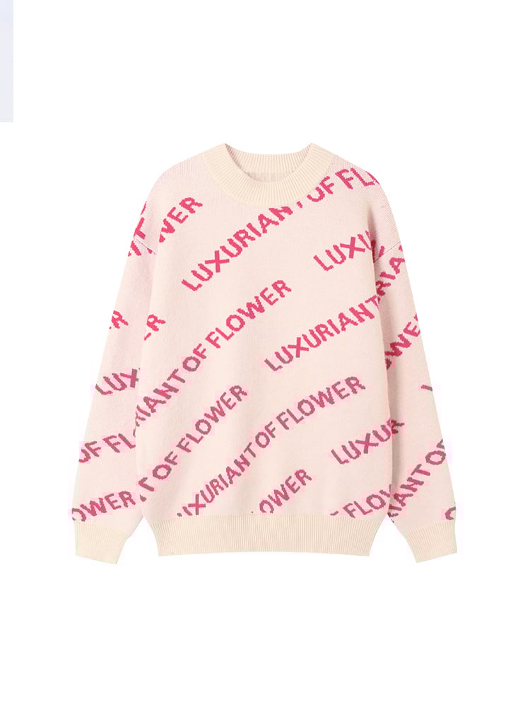 Pullover Vibrant Knit Crewneck Pink with Lettering Sweater