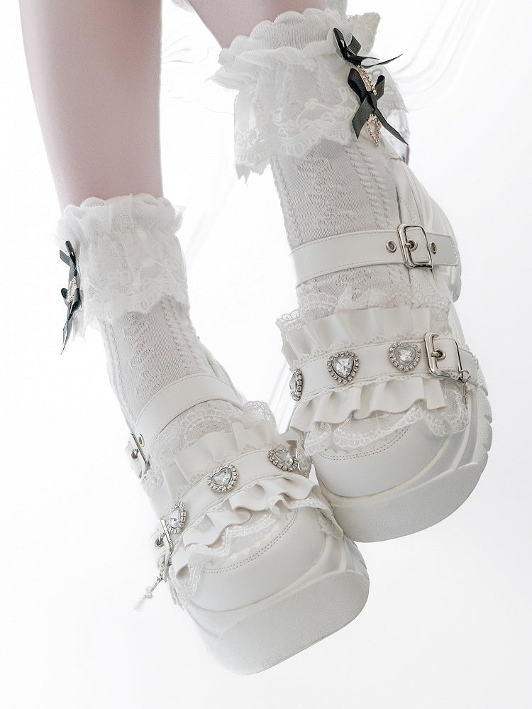 Platforms Heart Cross Rhinestone White Ruffles Charm Details Trim Bittersweet