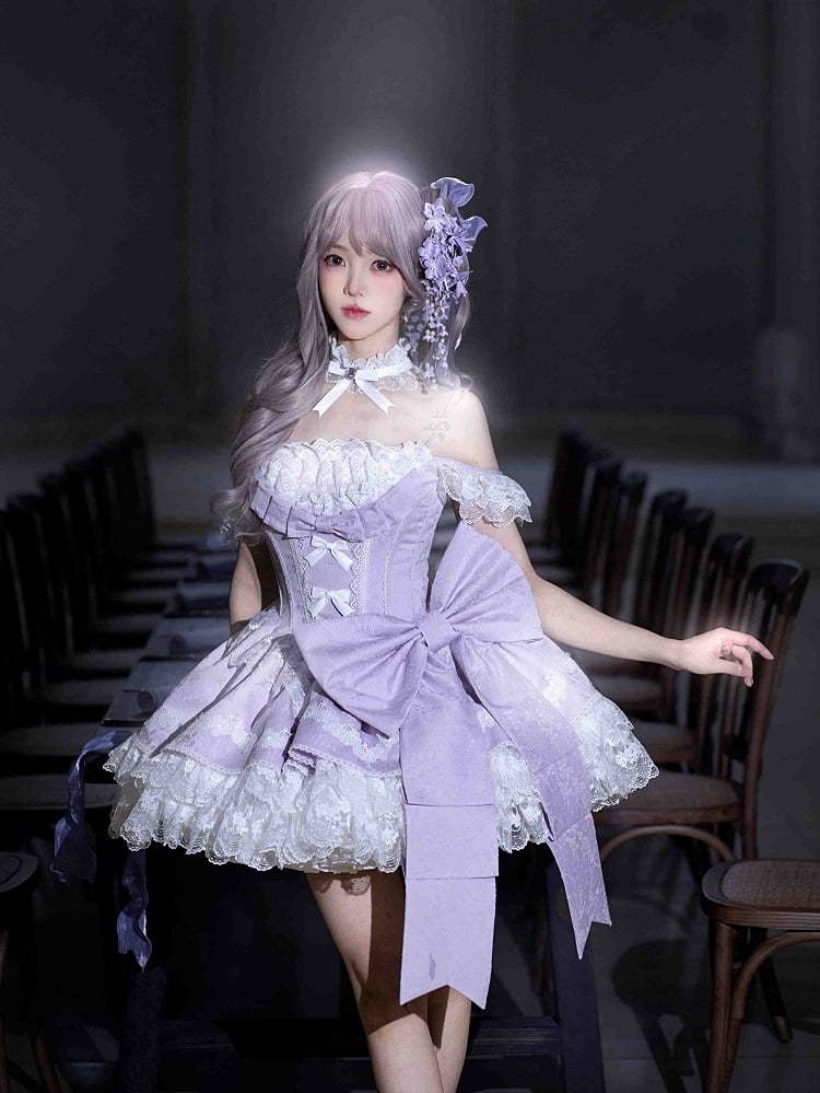 Balletcore with Lolita Purple Detachable Dress Bows Waist Boned