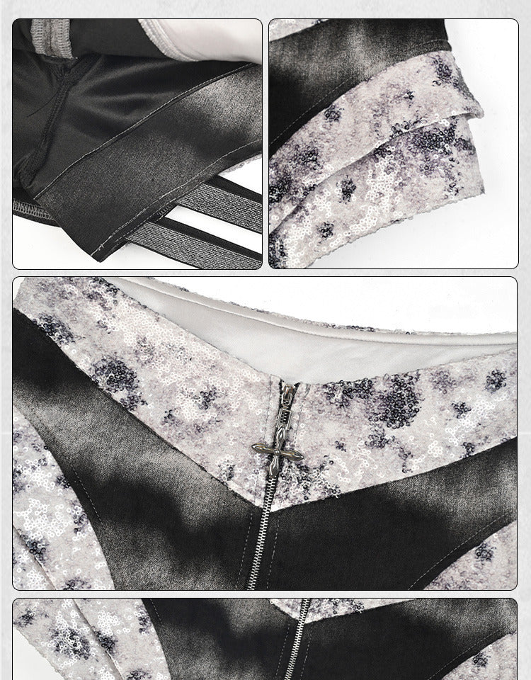 Fashion Asymmetrical Skort Y3K Futuristic Black and Silver Low-Waist Side Elastic Bands Cyberpunk