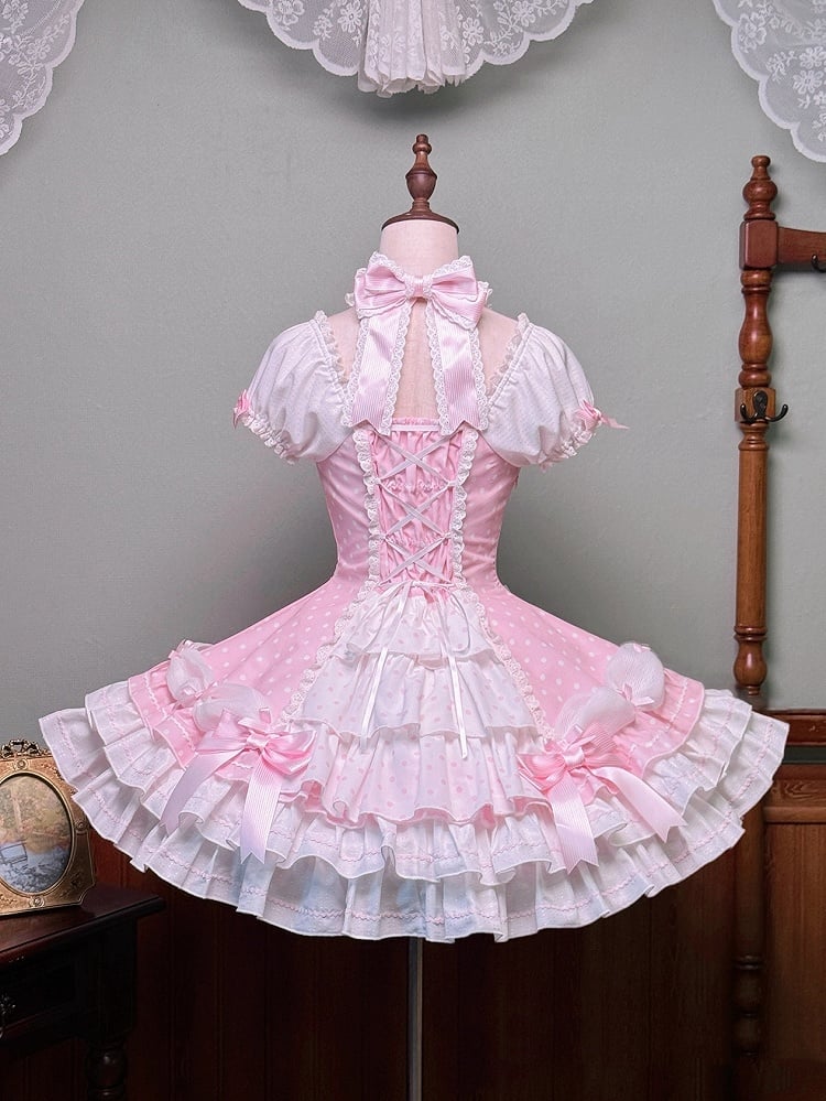 Ärmel Polka und Pink Alt mit Kleid Lolita Akzente Schleife Hals Neckholder Dot Puff Schule
