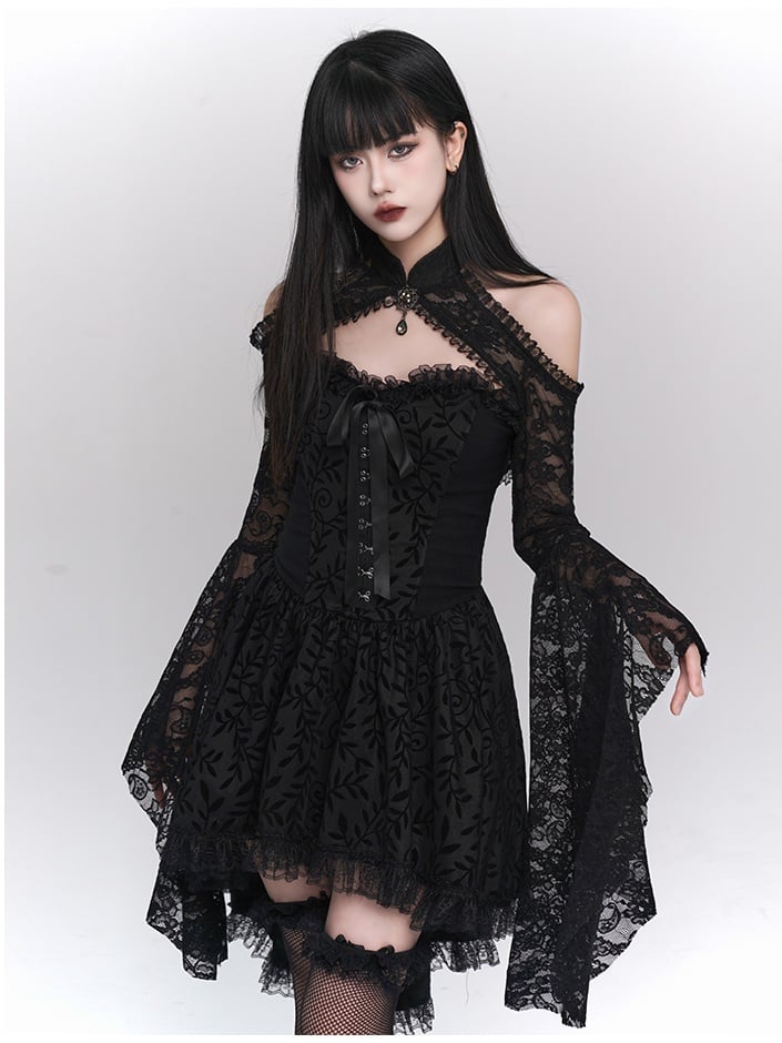 Gothic Black Off-the-shoulder Neckline Lace Ruffled High-low Dress