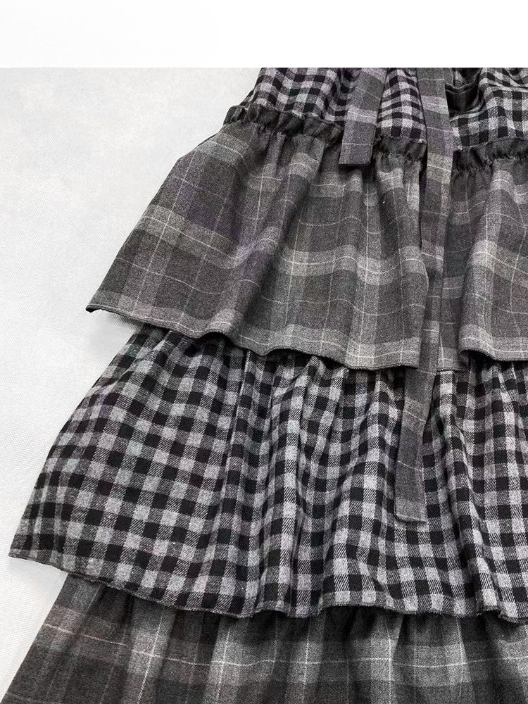Self-tie Dark Strap Tiered Plaid Gray Pattern Skirt Bittersweet