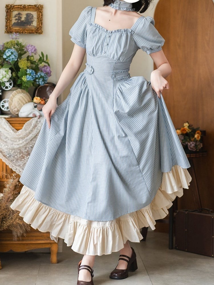 Neckline Sleeves Puff Retro Striped Fabric Blue Dress Square Fashion Vintage