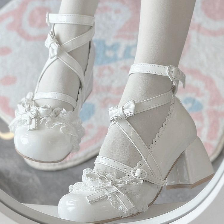 Schuhe Dreamy Lace – Mittelhoher weißer Lolita-Absatz mit Rüschen