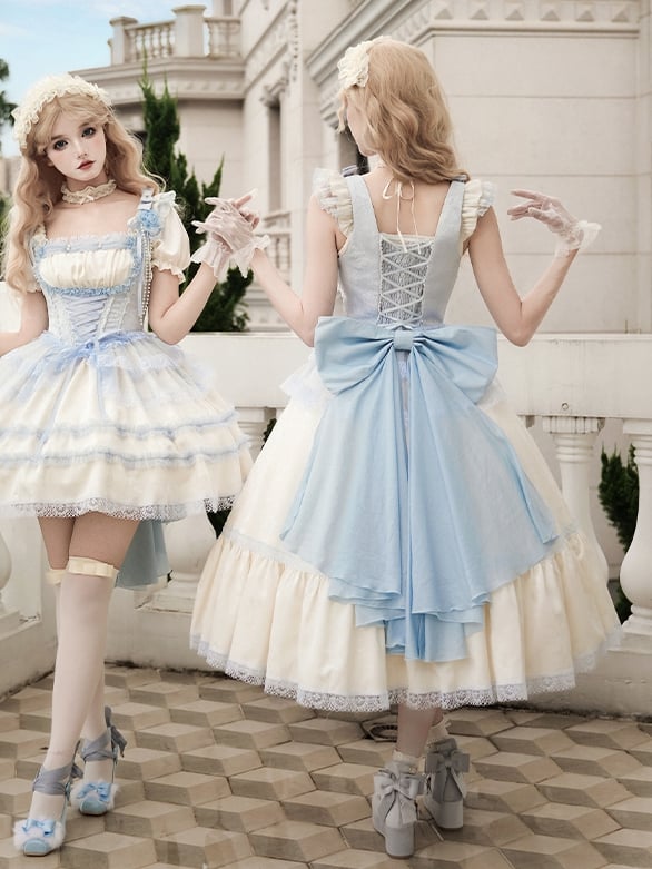 Blue Lolita Beige Full Slim Waist Set Versatile Light Neckline JSK Fit and