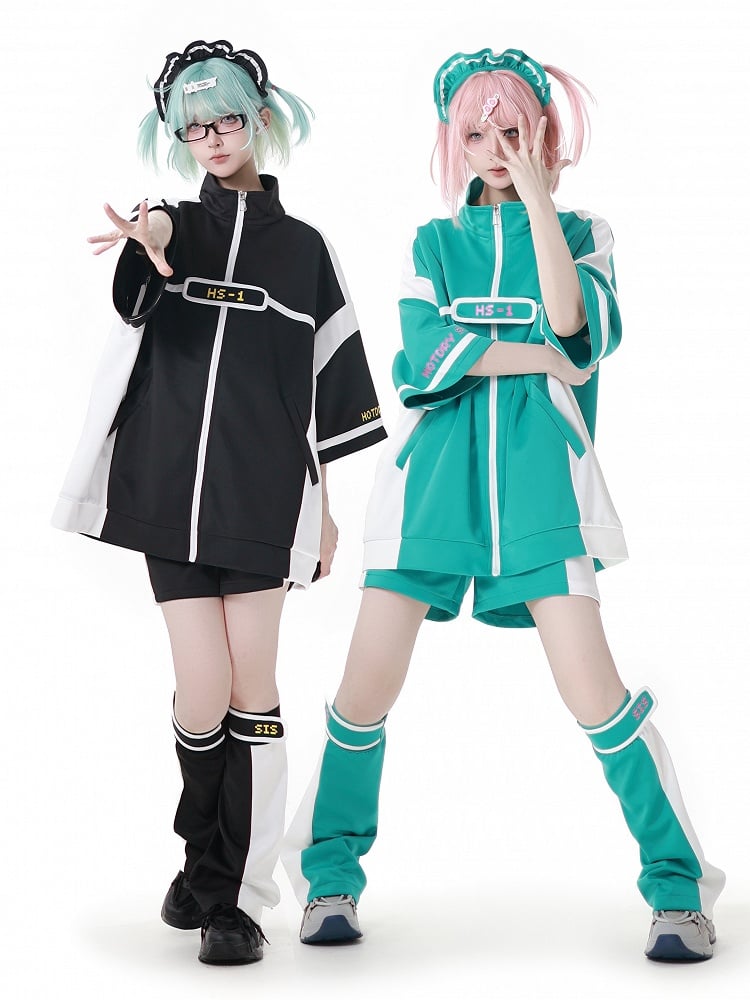 ホワイトカラーブロックデザインのグリーンレッグウォーマー