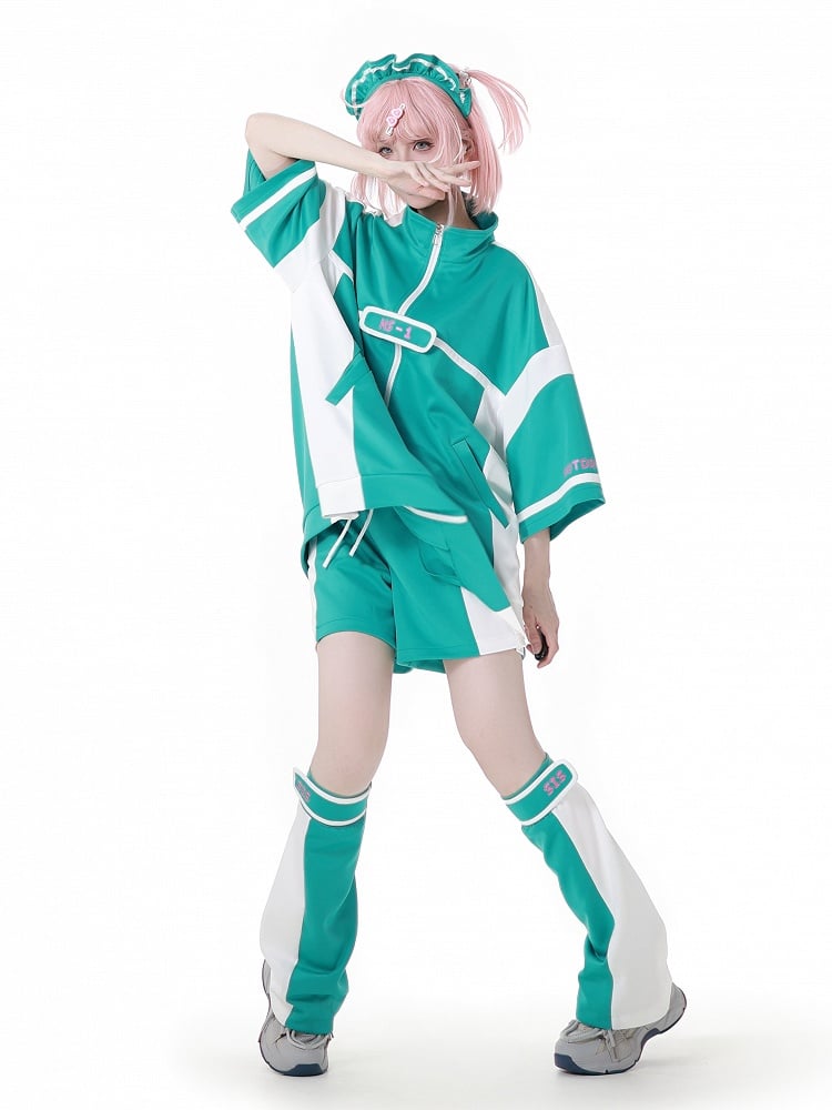 ホワイトカラーブロックデザインのグリーンレッグウォーマー