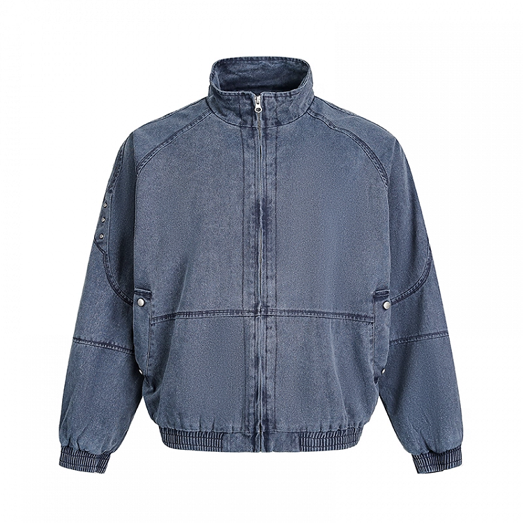 Design Banded Collar Faded Wash Distressed Blue/Apricot Jacket Autumn Zip-up