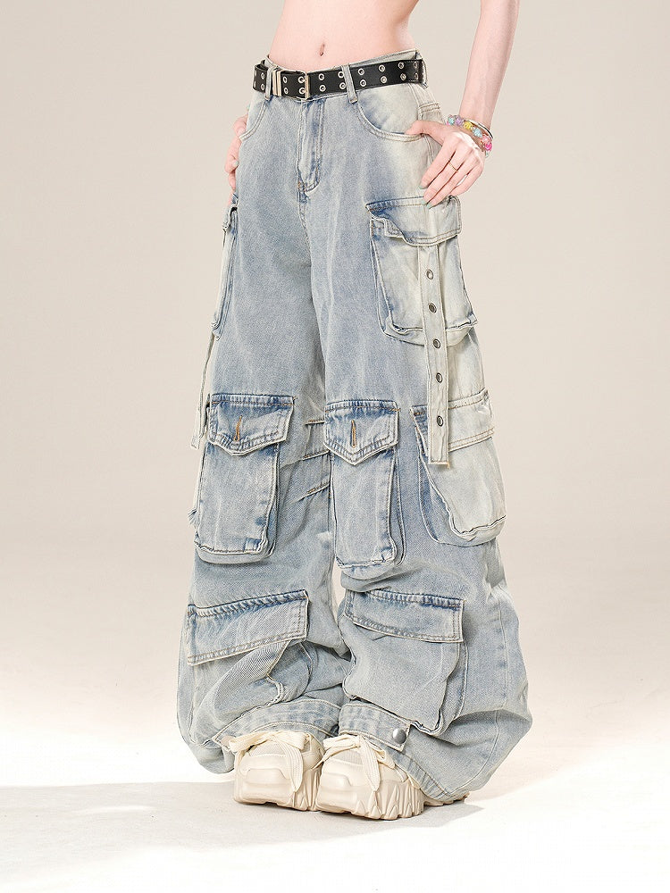 Low Blue/Black Waist Cargo Pockets Wide-Leg Jeans