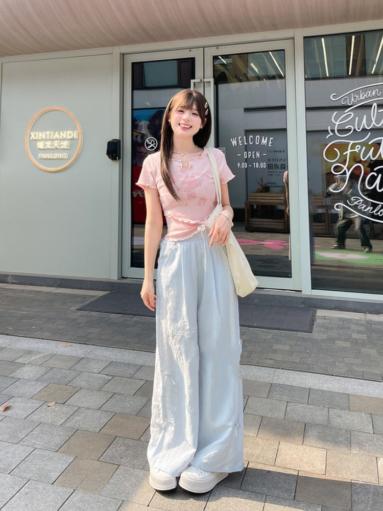 Version Regular/Short Blue Wide-Leg Pants Bowknot Embroidery High Waist