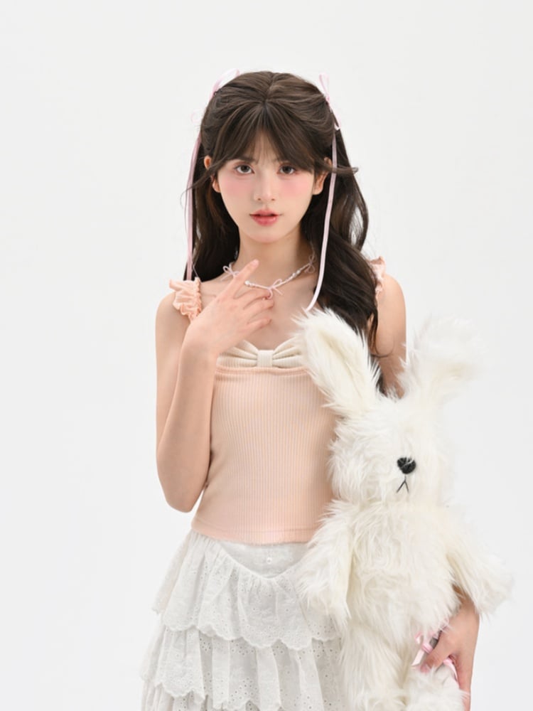 Tank Top Pink Flutter Sleeves Bowknot Design Neckline