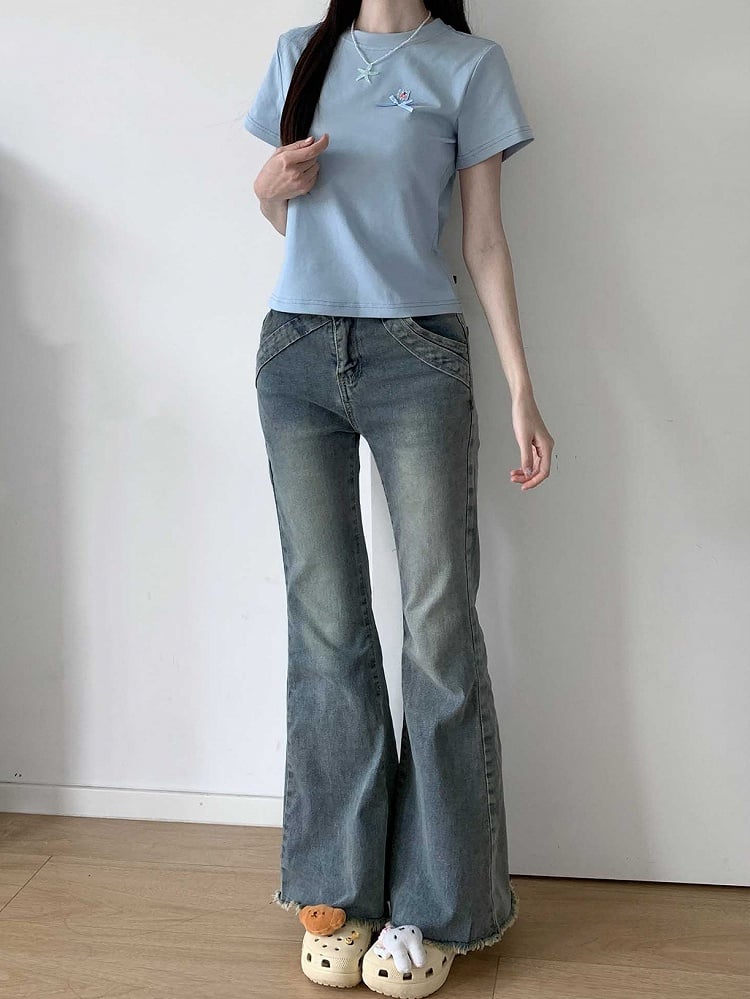 Blue Raw Hem Flared Jeans